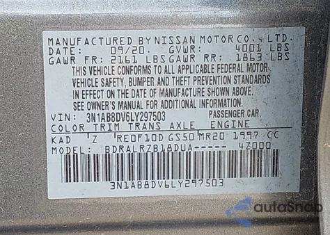 2020 Nissan Sentra Sr Xtronic Cvt из США, поврежденный, VIN 3N1AB8DV6LY297503